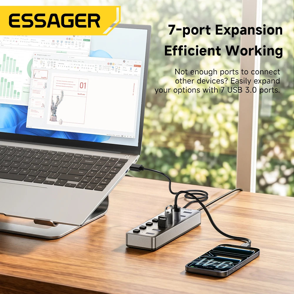 Essager 7-Port USB 3.0 Hub With 24W Adapter