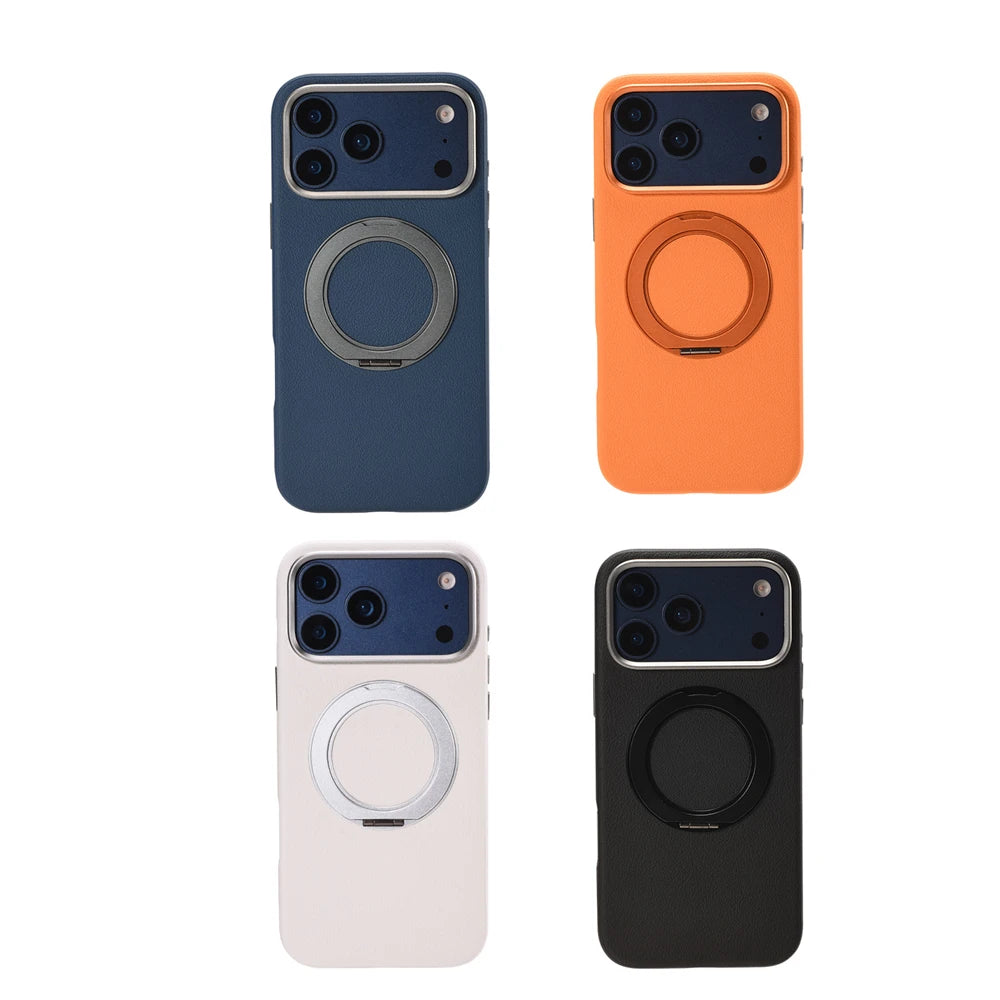 Luxury PU Leather MagSafe Case with Ring Holder for iPhone 17 Series