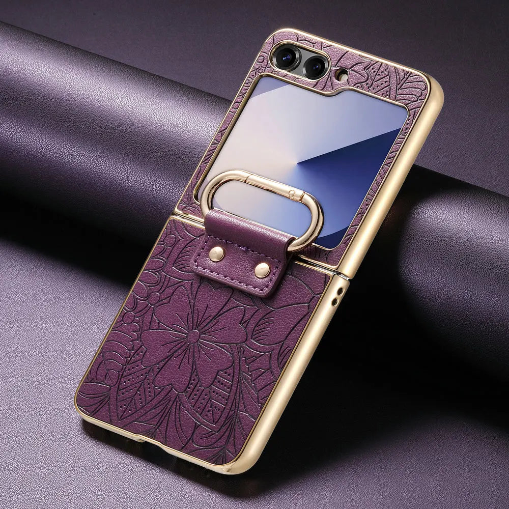 Embossed Leather Protective Case with Ring Stand for Samsung Galaxy Z Flip 6
