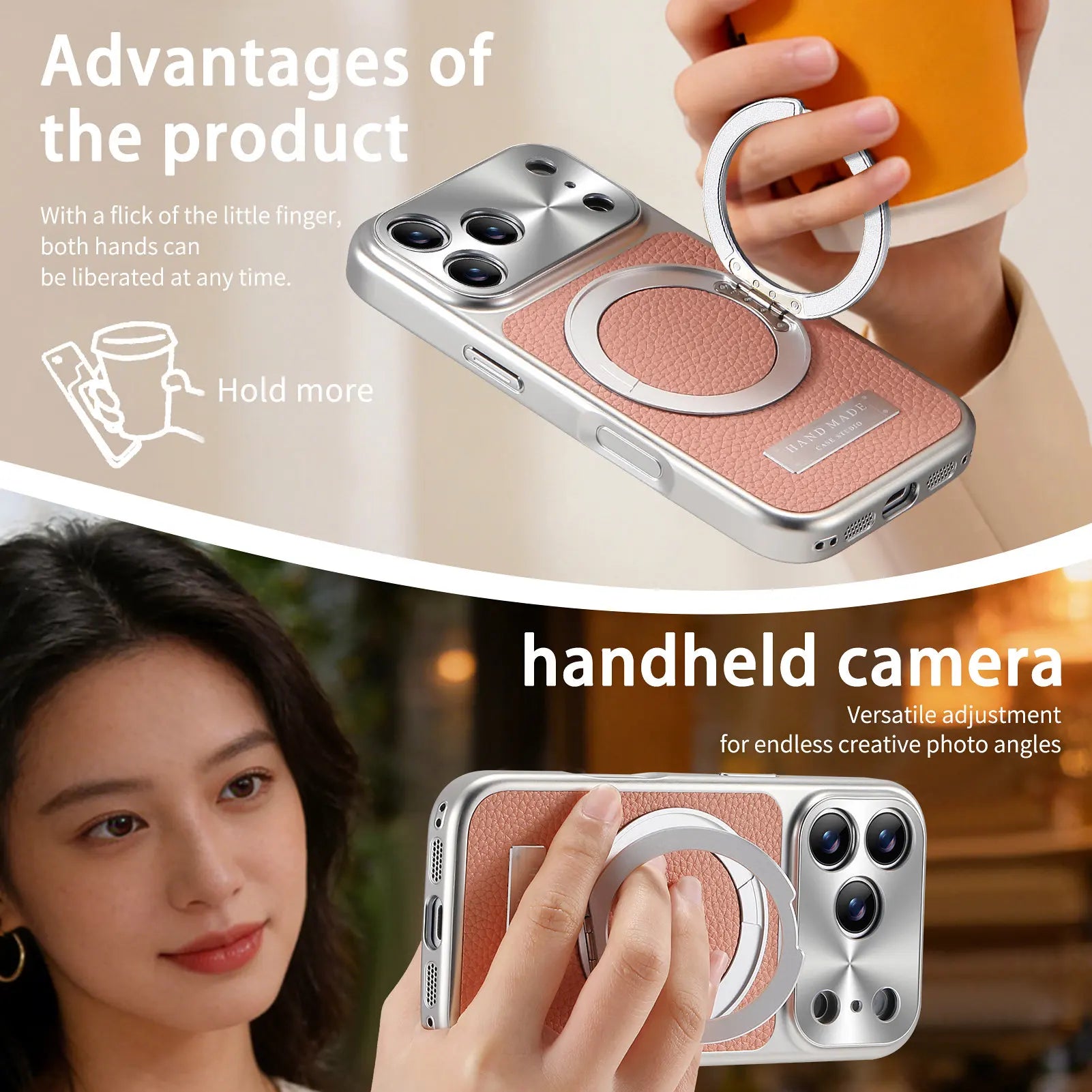 MagSafe Compatible Lychee Leather Case with 360° Kickstand for iPhone 17 Series