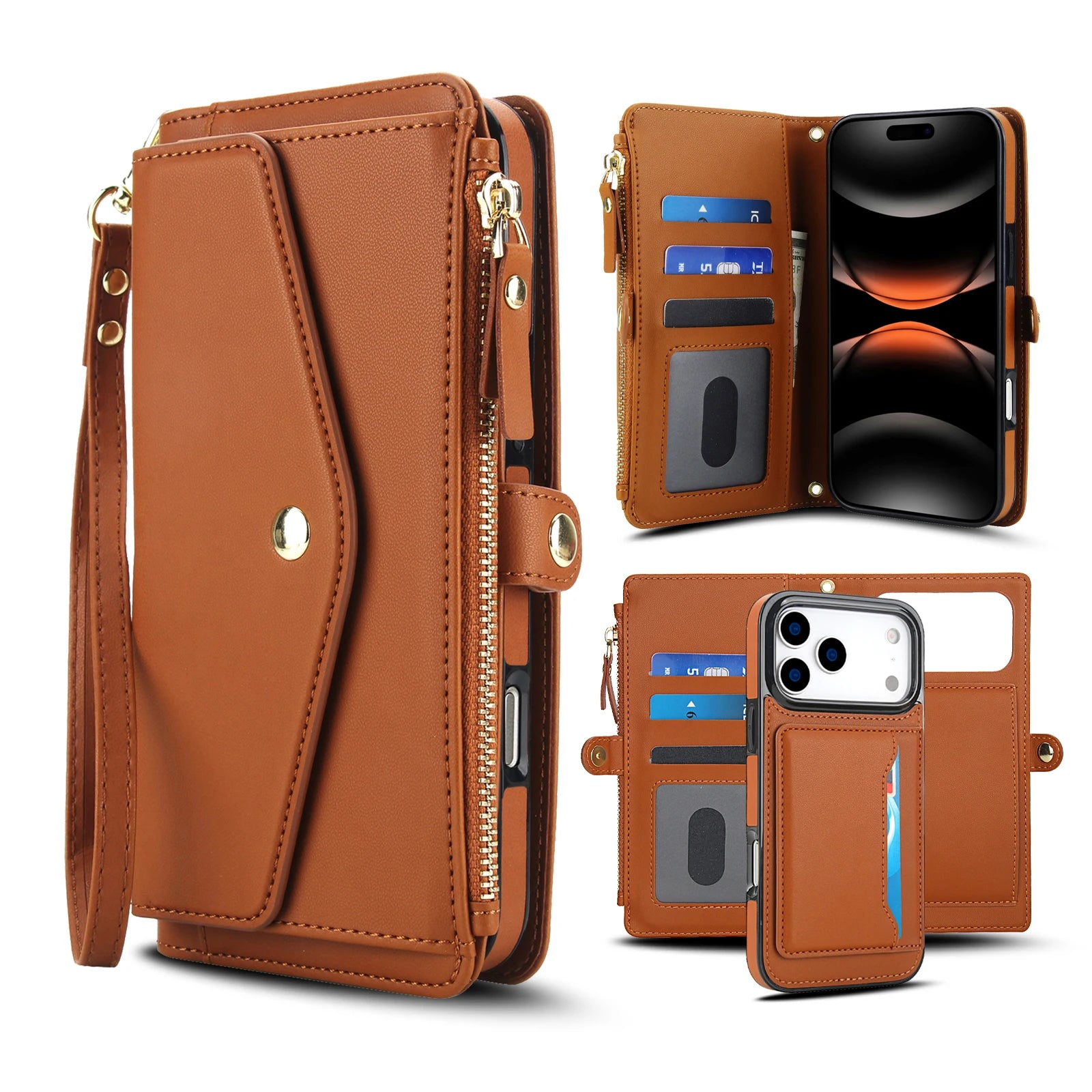 Detachable MagSafe Leather Crossbody Case with Zippered Flip Wallet & Card Slot for iPhone 17 Series