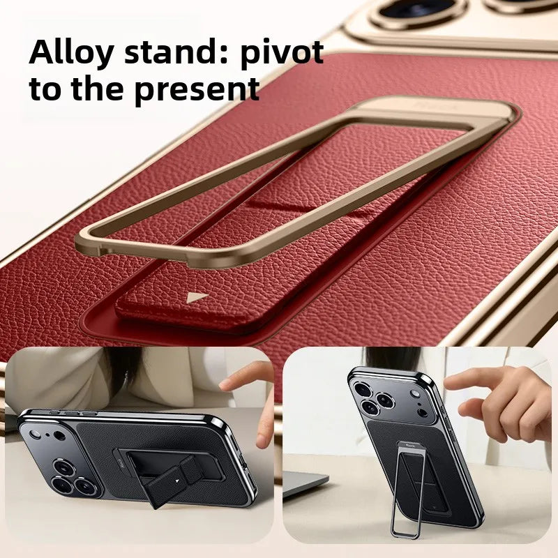 Luxury Business Leather Case with Alloy Kickstand and Wrist Strap for iPhone 17 Series