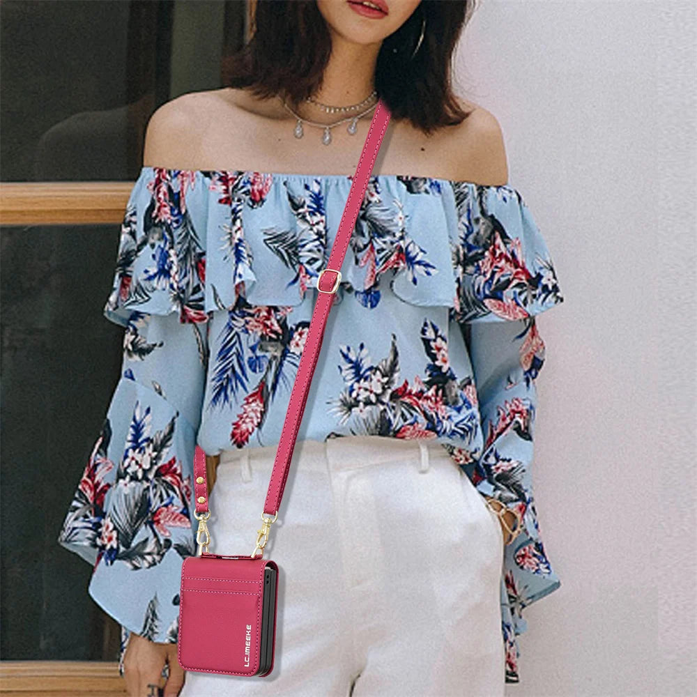 Samsung Galaxy Z Flip 6 Leather Case with Wrist Strap and Card Holder