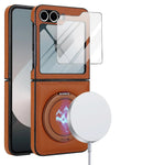 Protective Leather Magnetic Case with Ring Bracket & Glass Film for Samsung Galaxy Z Flip 6