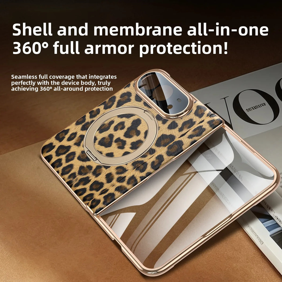 Cowhide Leopard Print MagSafe Case with 360° Rotating Ring Stand for iPhone Duo