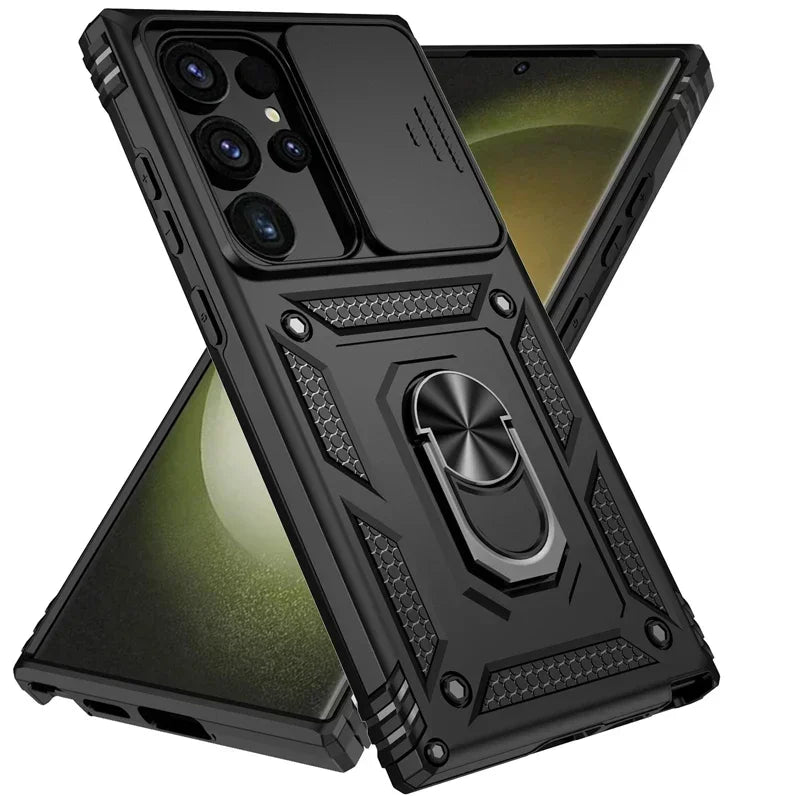 Military Grade Slide Camera Lens Armor Case with Ring Stand for Samsung Galaxy S25 Series