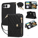 Quilted Diamond Leather Crossbody Wallet Case with Long Adjustable Lanyard Strap for iPhone Duo