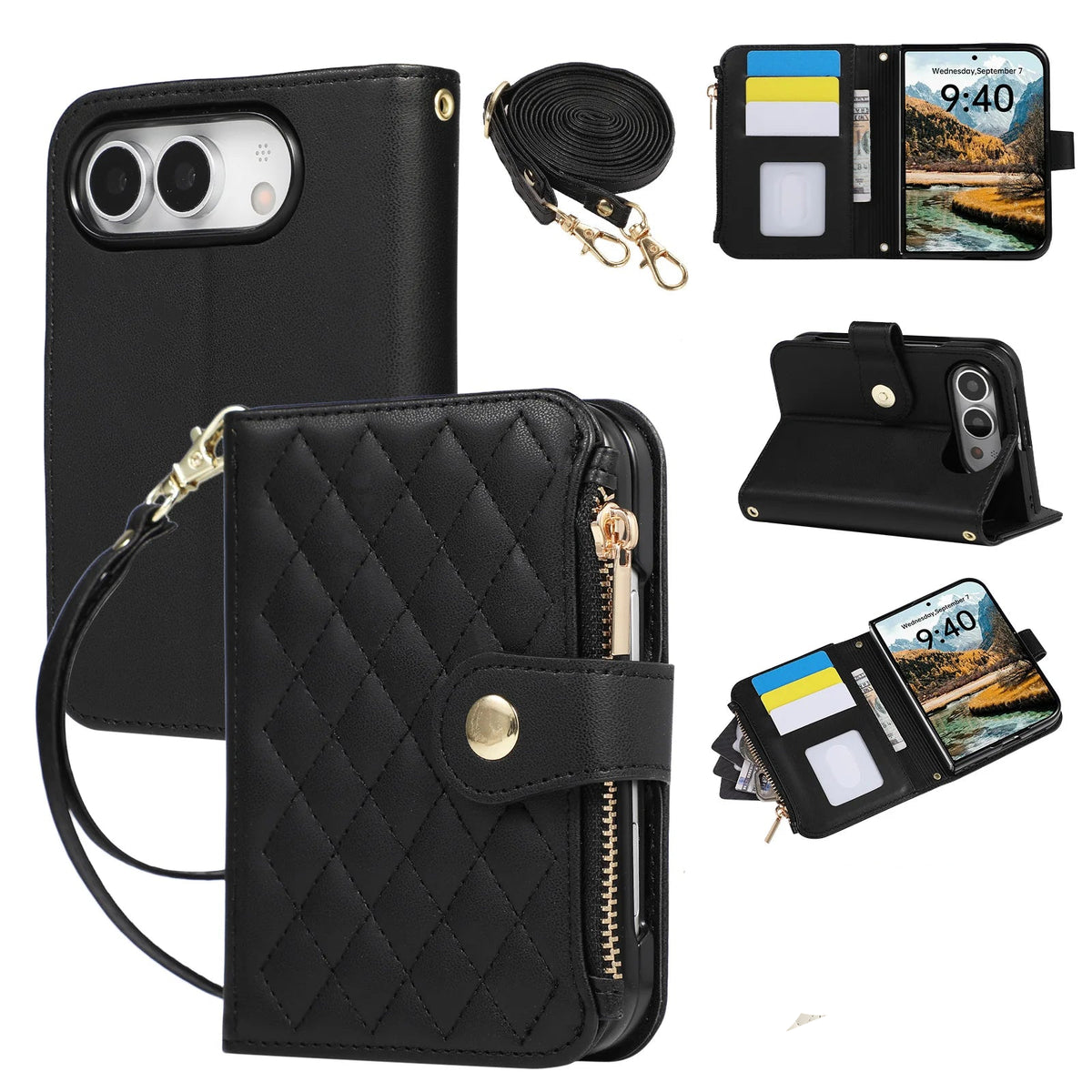 Quilted Diamond Leather Crossbody Wallet Case with Long Adjustable Lanyard Strap for iPhone Duo