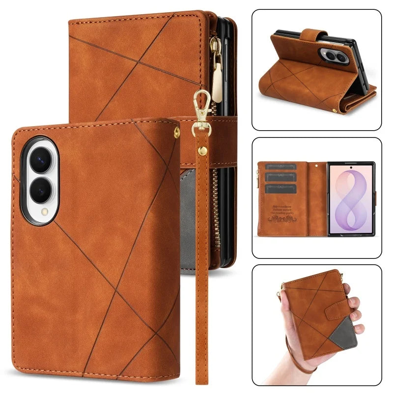 Embossed Leather 9-Card Wallet Case with Detachable Wrist Strap for Samsung Galaxy Z Fold 8