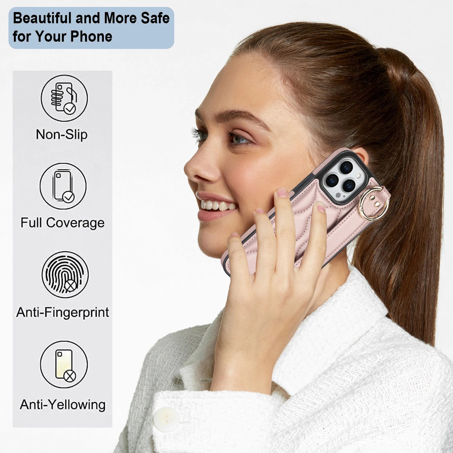Shockproof Leather Phone Case with Wrist Strap & Ring for iPhone 15 Series