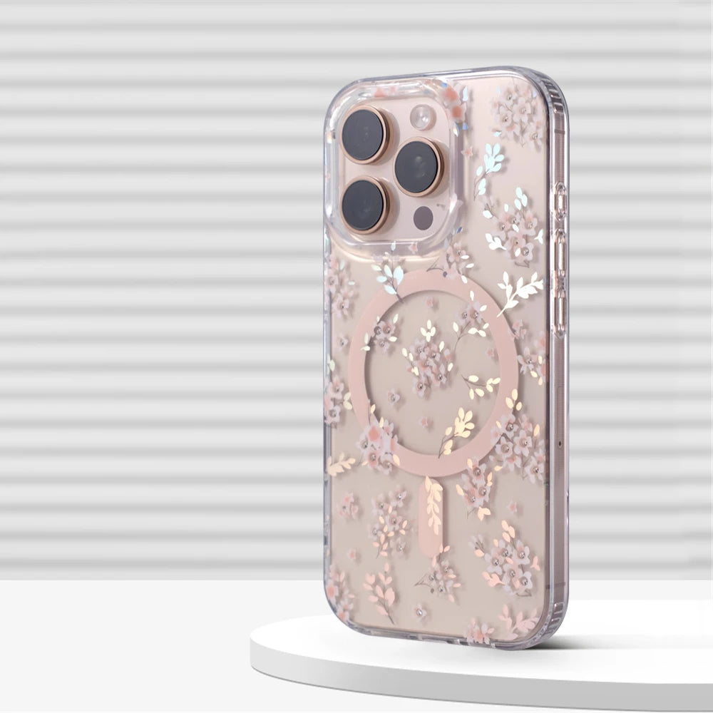 Transparent Floral MagSafe Case with Integrated Wireless Charging Ring for iPhone 15 Series