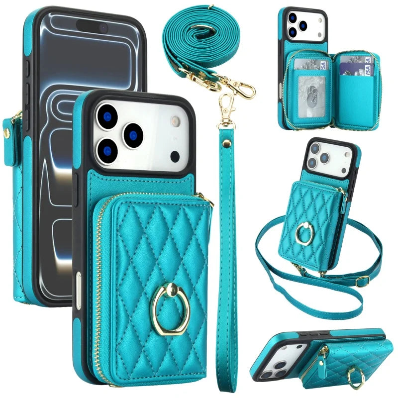 Leather Wallet Phone Case with Adjustable Lanyard for iPhone 17 Series