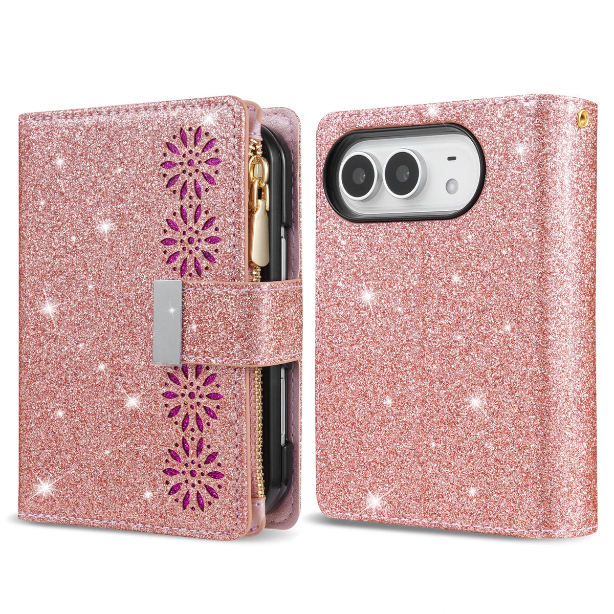 Glitter Floral PU Leather Wallet Case with Kickstand for iPhone Duo