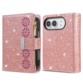Glitter Floral PU Leather Wallet Case with Kickstand for iPhone Duo