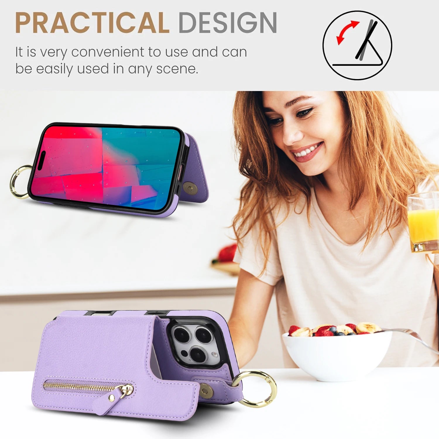Protective Leather Case with Zipper Wallet & Ring Holder for iPhone 16 Series