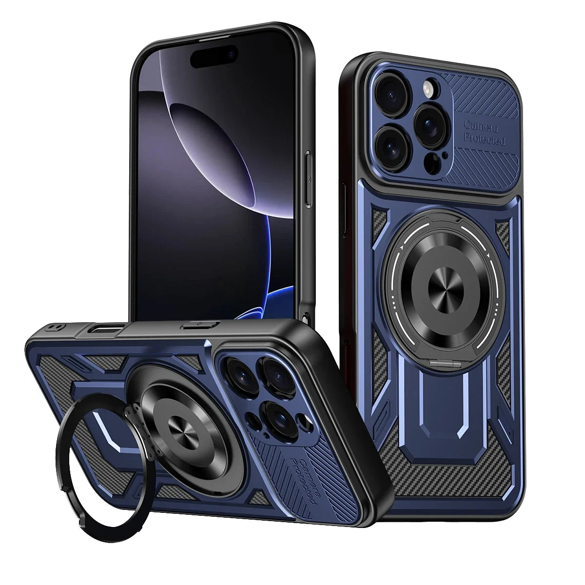 Heavy-Duty MagSafe Case with 360° Metal Ring Stand for iPhone 16 Series