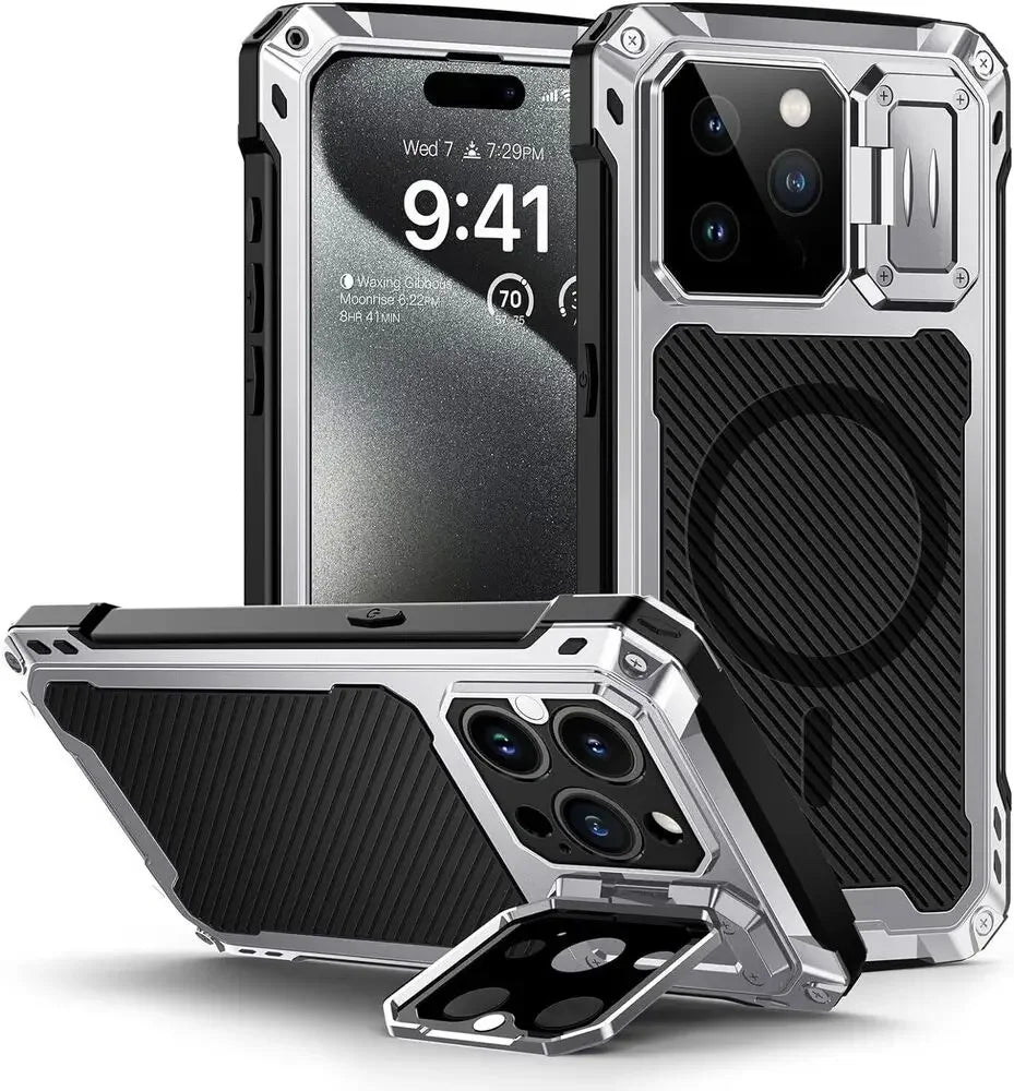 Heavy-Duty Metal Case and Glass Camera Lens Cover for iPhone 16 Series