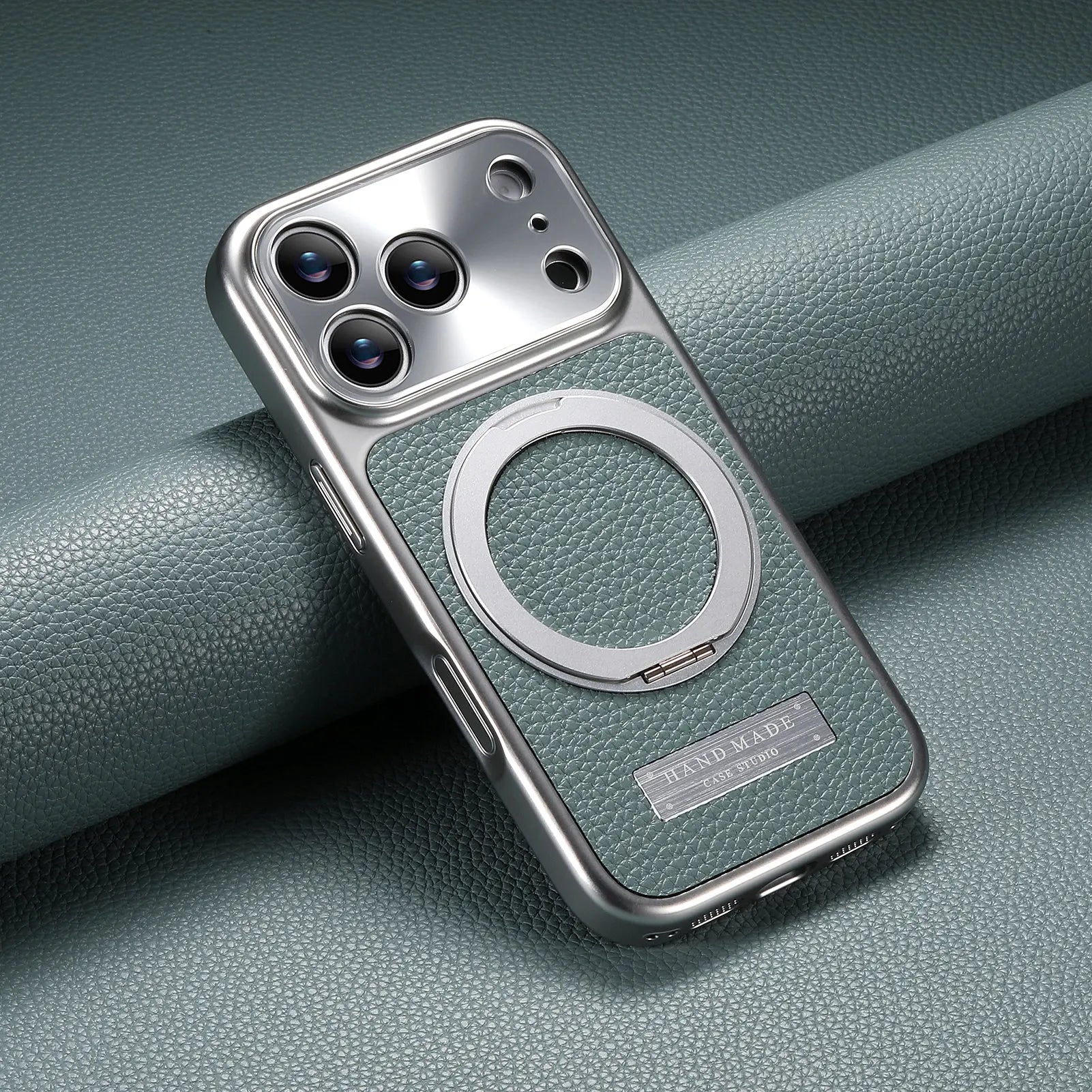 MagSafe Compatible Lychee Leather Case with 360° Kickstand for iPhone 17 Series