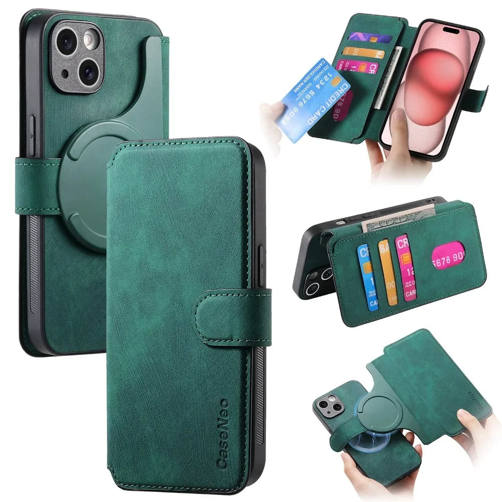 Magnetic Leather Wallet Case with Detachable Card Slot for iPhone 15 Series