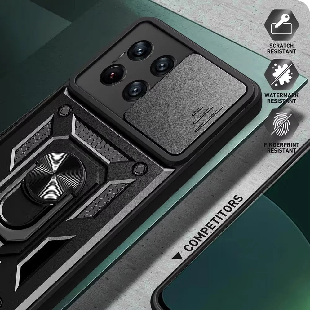 Shockproof Armor Magnetic Case with Slide Camera Cover & Ring Holder for Xiaomi 14T Series