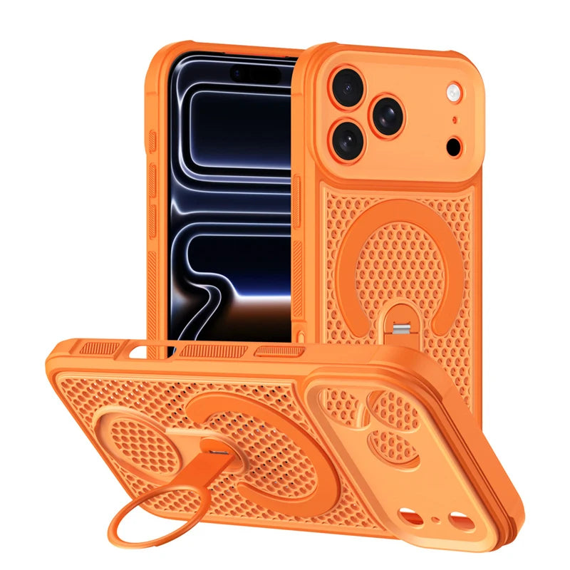 iPhone 17 Series Hollow Honeycomb PC Case with 360° MagSafe Bracket Stand