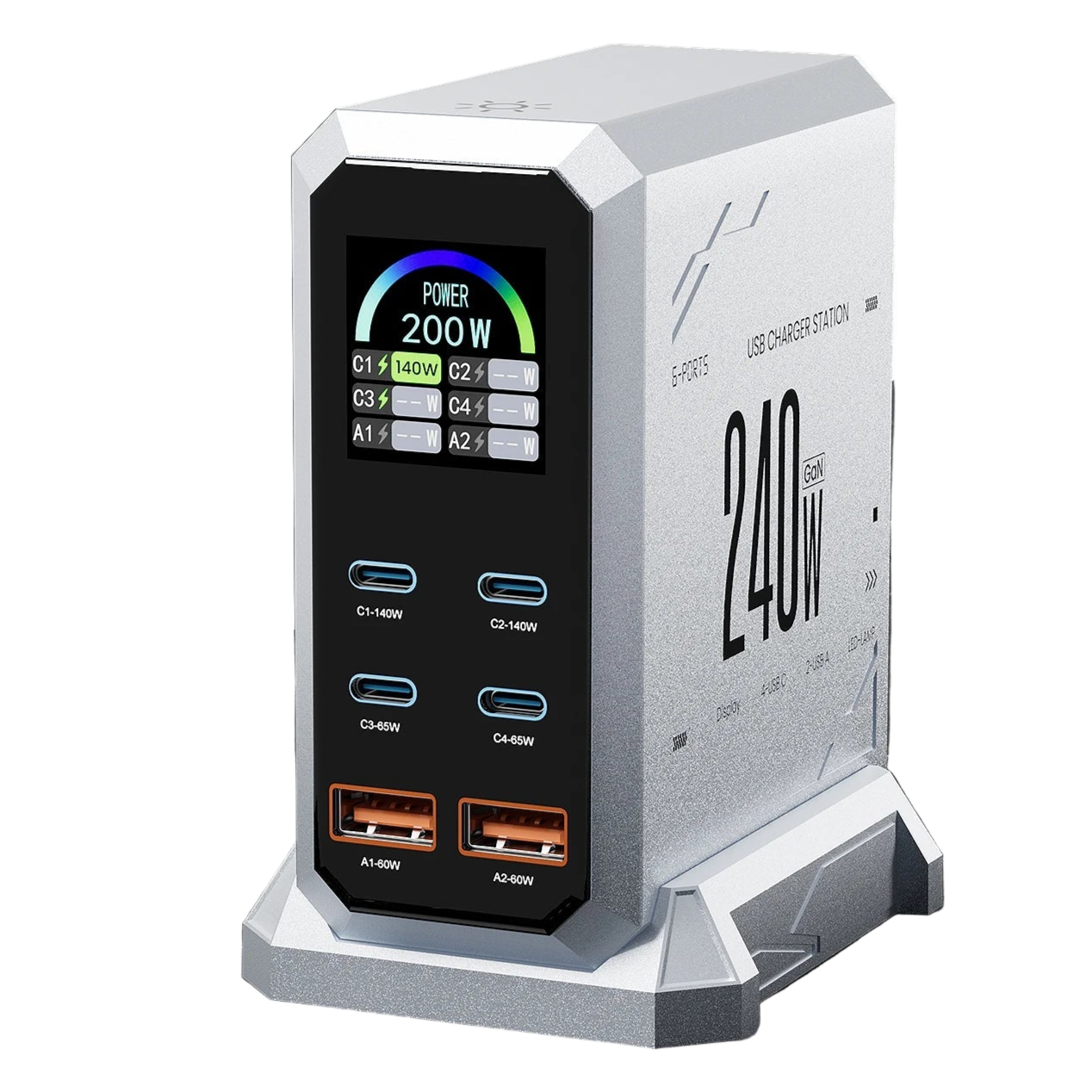 240W GaN charger with multiple output ports on a marble surface, featuring the brand 'ASOMETECH'.