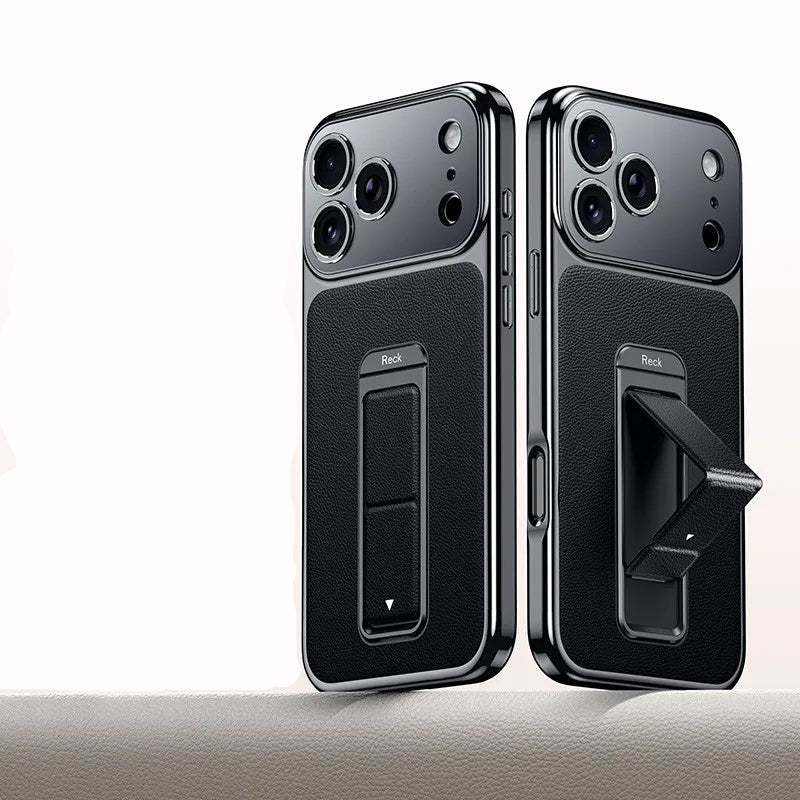 Luxury Business Leather Case with Alloy Kickstand and Wrist Strap for iPhone 17 Series