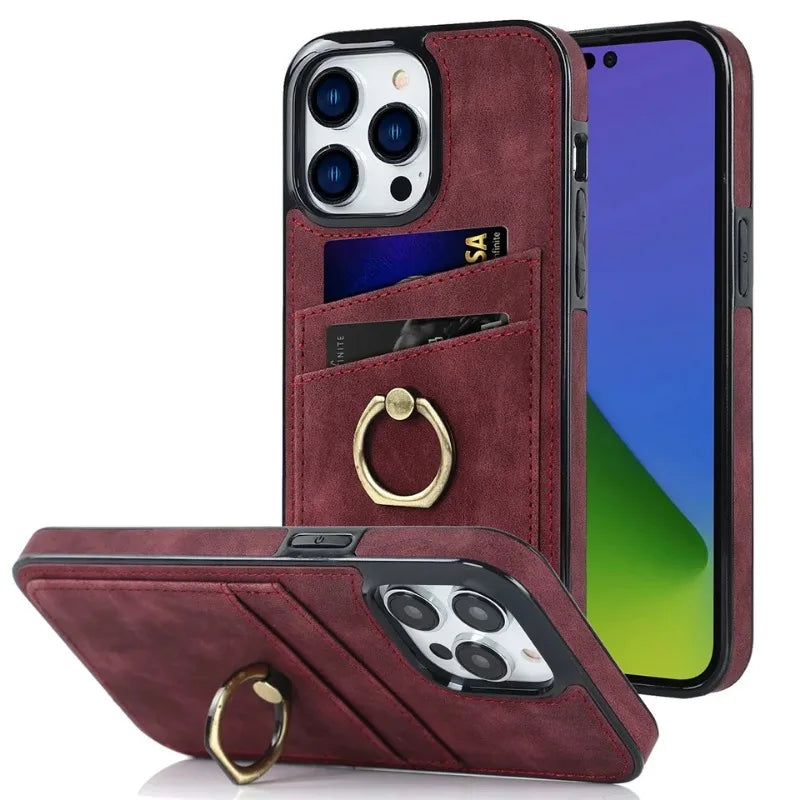Shockproof Retro PU Leather Case with Ring & Card Slots for iPhone 15 Series