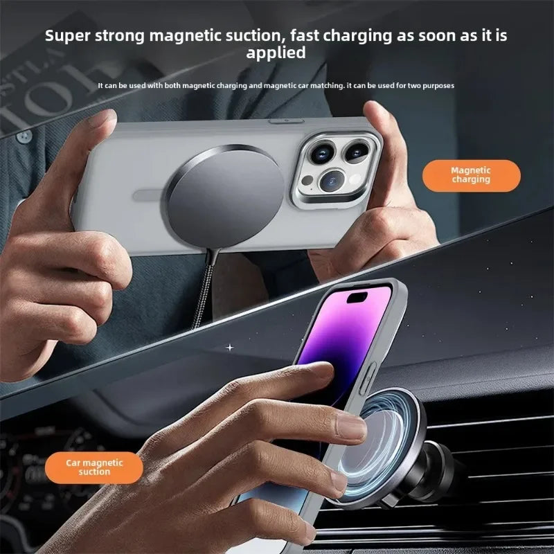 Shockproof Matte MagSafe Case with Metal Lens Stand for iPhone 15 Series