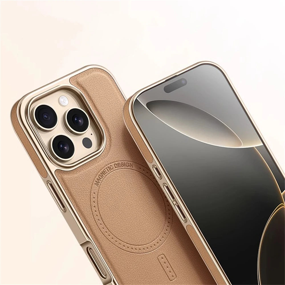 Luxury Plating Frame PU Leather Shockproof MagSafe Case for iPhone 17 Series