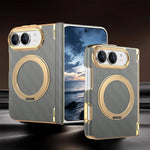 Fabric Leather Rotating Ring Holder Case with Electroplated Accents for iPhone Duo