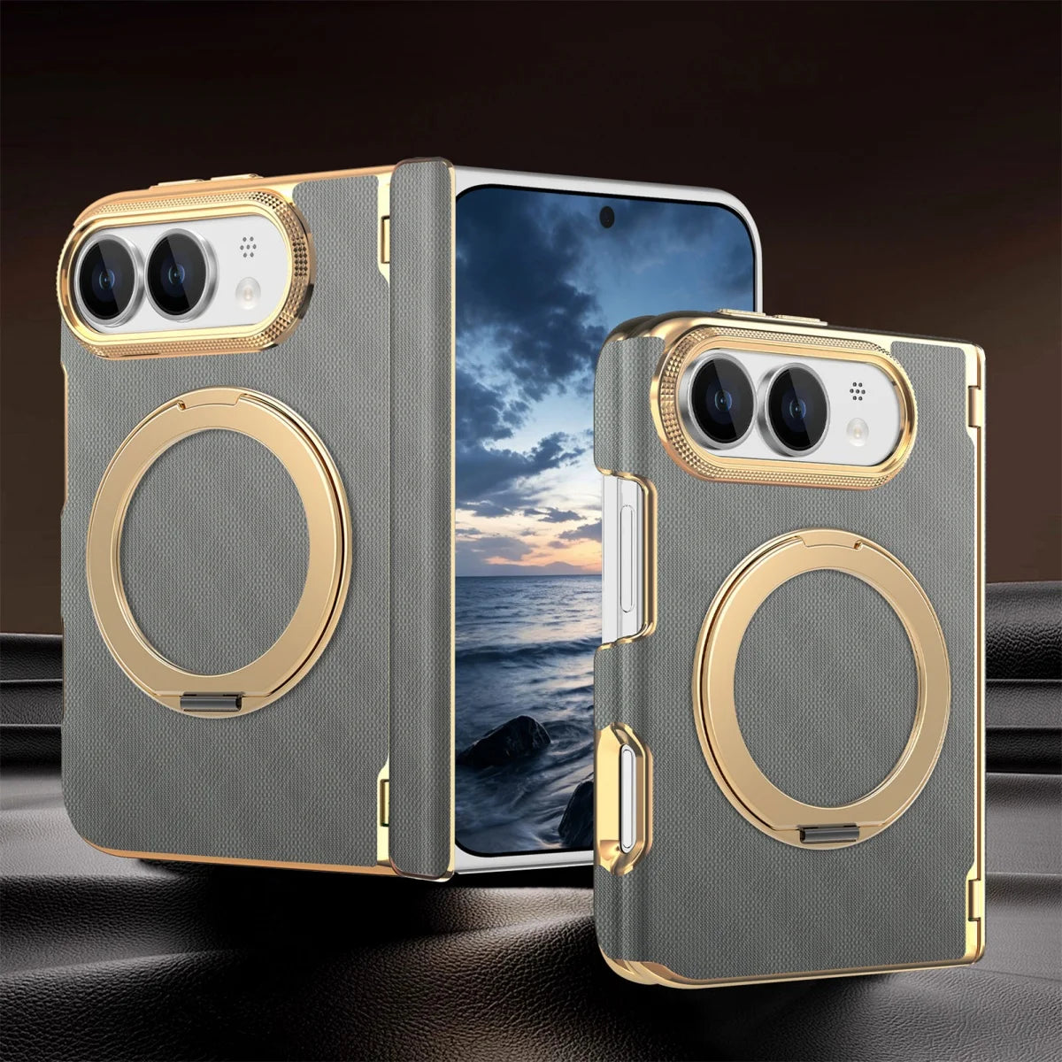 Fabric Leather Rotating Ring Holder Case with Electroplated Accents for iPhone Duo
