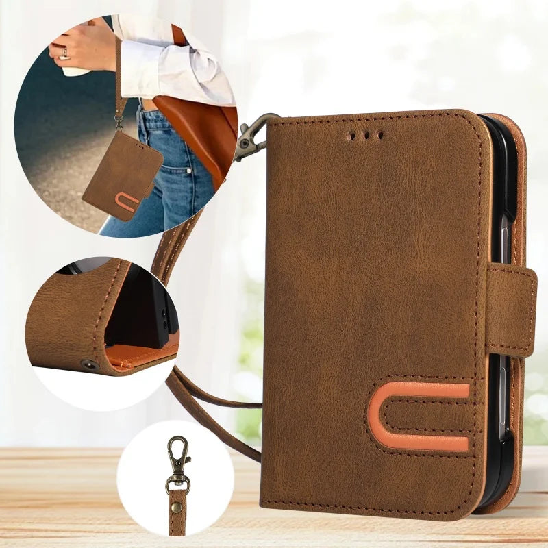 Leather Flip Wallet Case with U-Shaped Magnetic Buckle for iPhone Duo