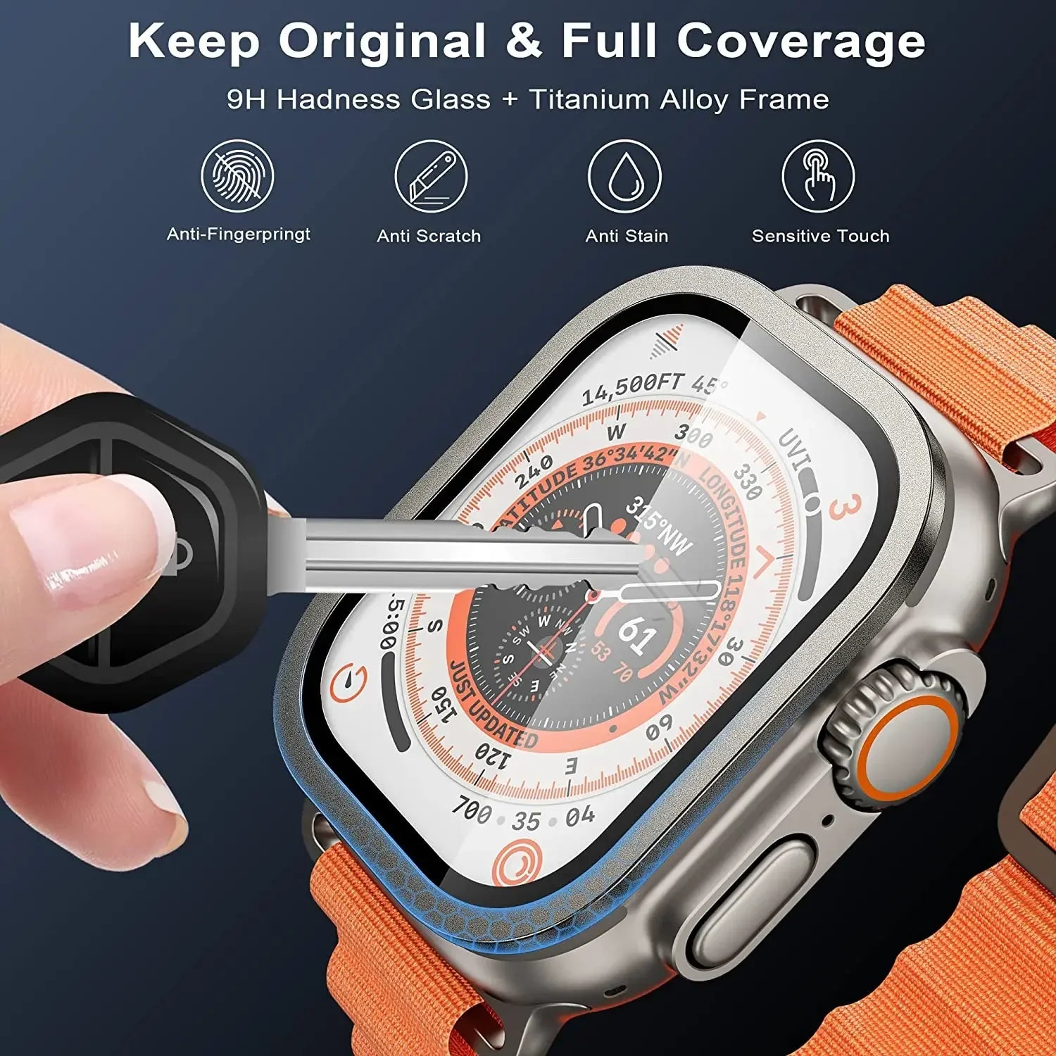 Tempered Glass Screen Protector with Metal Bumper and Aluminum Alloy Bezel for Apple Watch Ultra