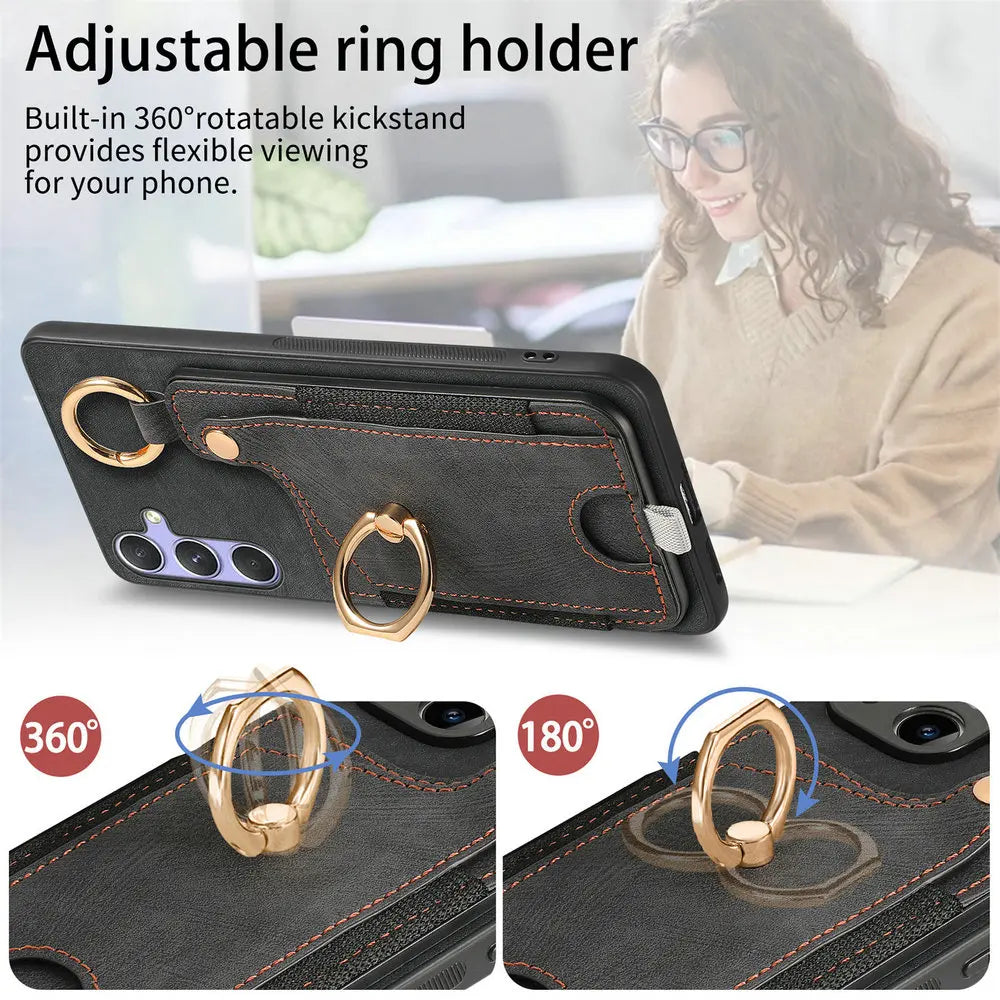 Leather Card Holder Case with 360° Rotating Ring Kickstand for Samsung Galaxy S26 Series