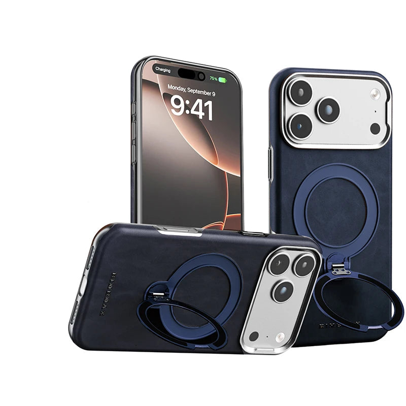 Shockproof Leather MagSafe Case with 360° Rotating Kickstand Ring for iPhone 18 Series