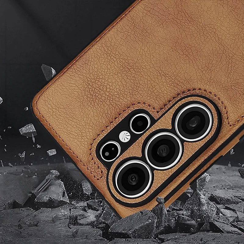 Shockproof Leather-Textured Bumper Case with Raised Camera Ring Protection for Samsung Galaxy S26 Series