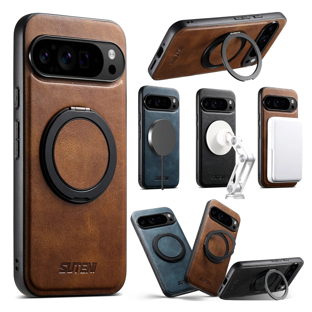 Premium Magnetic Leather Case with 360° Rotating Ring for Google Pixel 9 Series