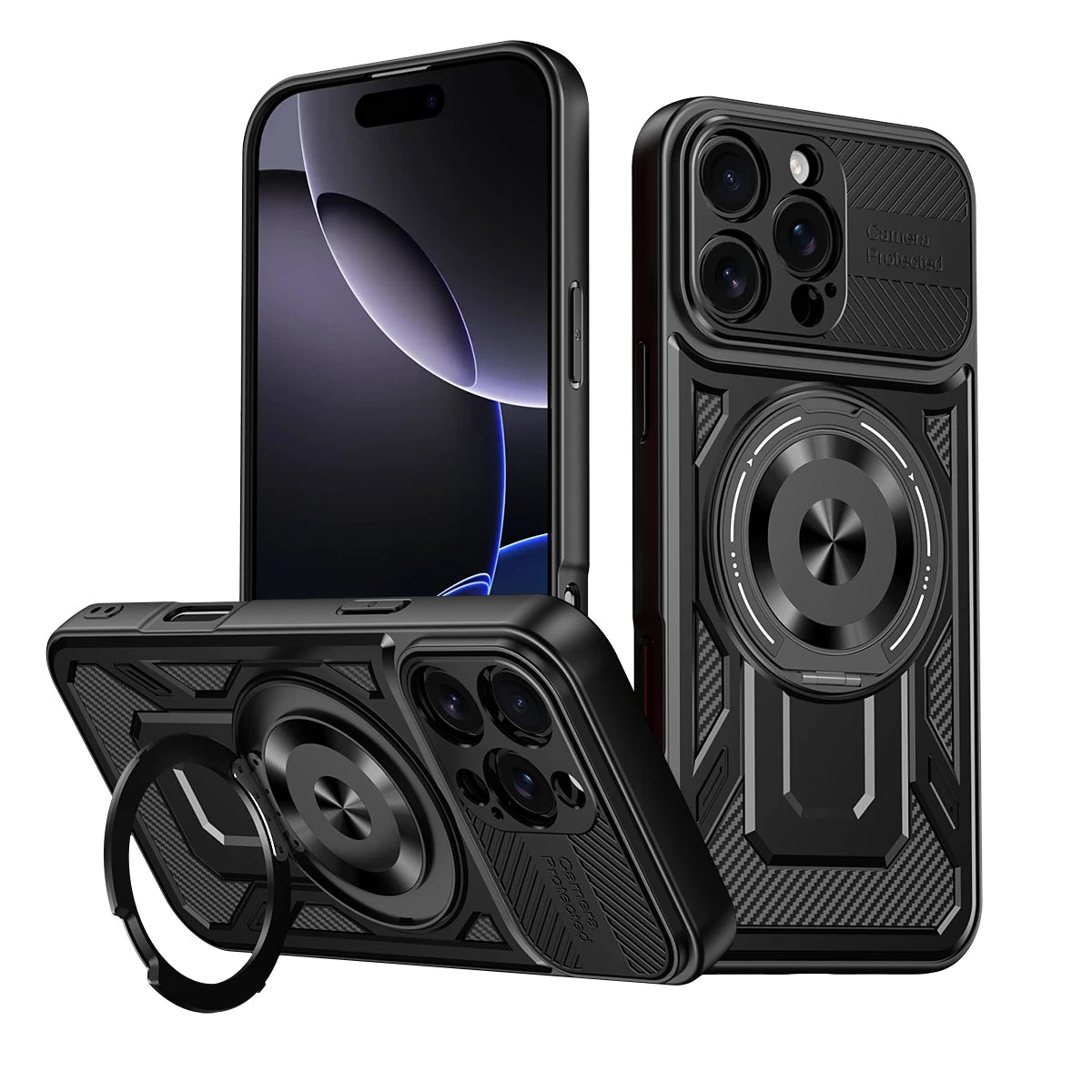 Heavy-Duty MagSafe Case with 360° Metal Ring Stand for iPhone 16 Series