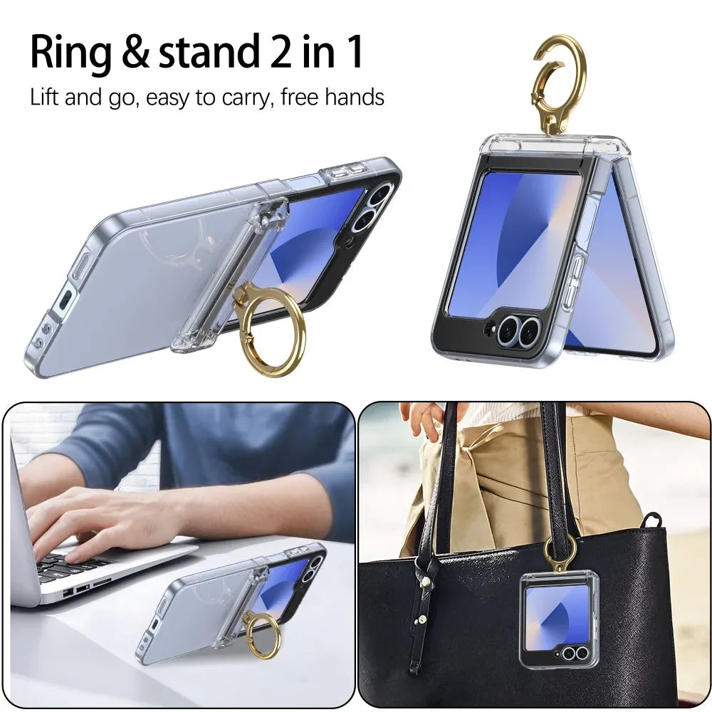 Hinge Protective Hard Shell Electroplate Case with Ring Holder for Samsung Galaxy Z Flip 5