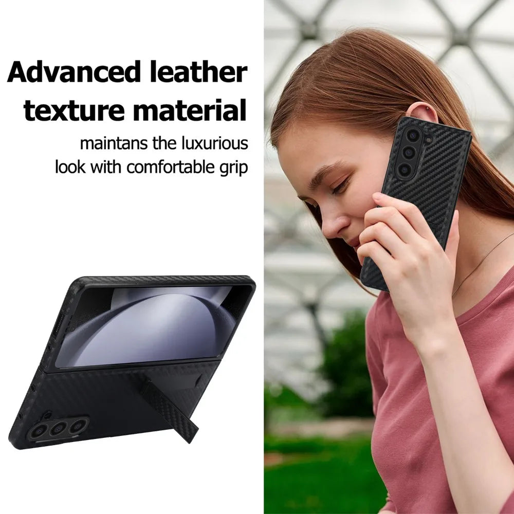 Carbon Fiber Pattern Leather Case with Kickstand Holder for Samsung Galaxy Z Fold 6