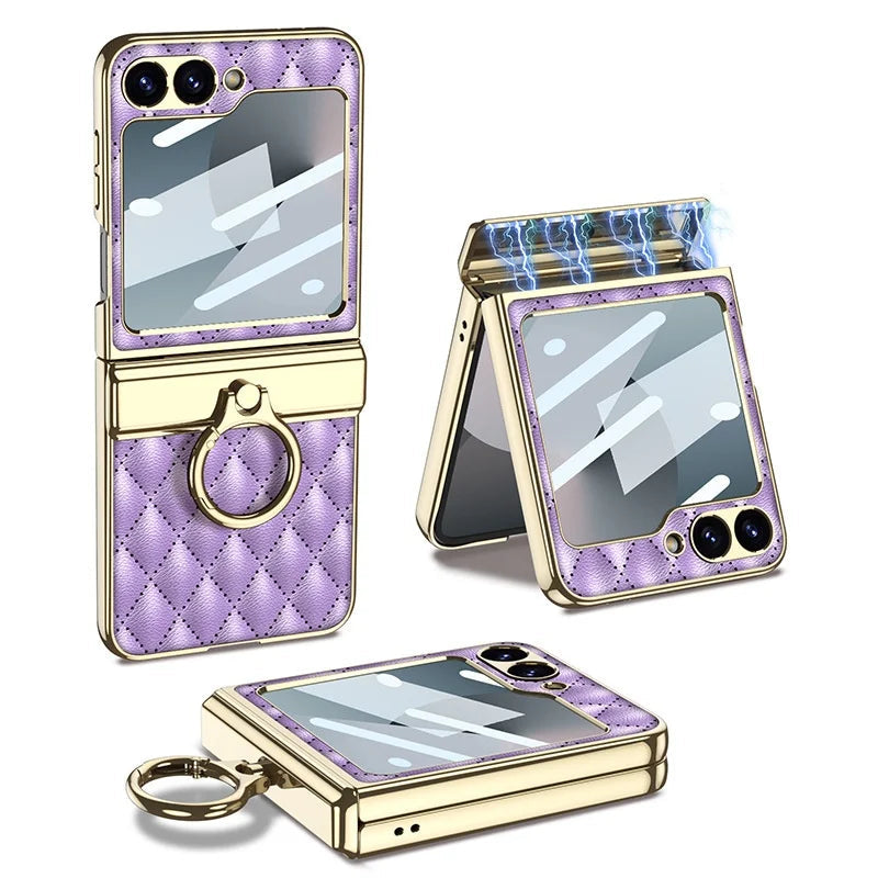 Electroplated PU Leather Case with Ring Holder for Samsung Galaxy Z Flip 6