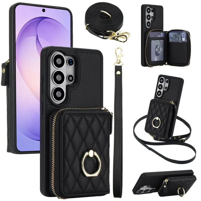 Crossbody Leather Wallet Case with Wrist Lanyard for Samsung Galaxy S26 Series