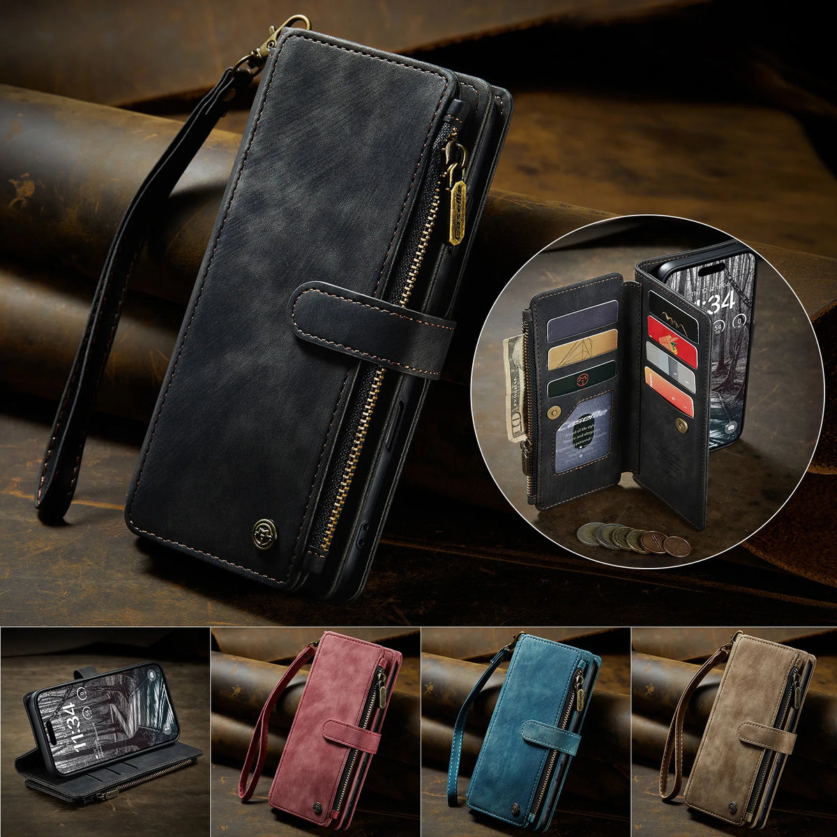 10-Card Leather Wallet Case with Detachable Lanyard for iPhone 18 Series