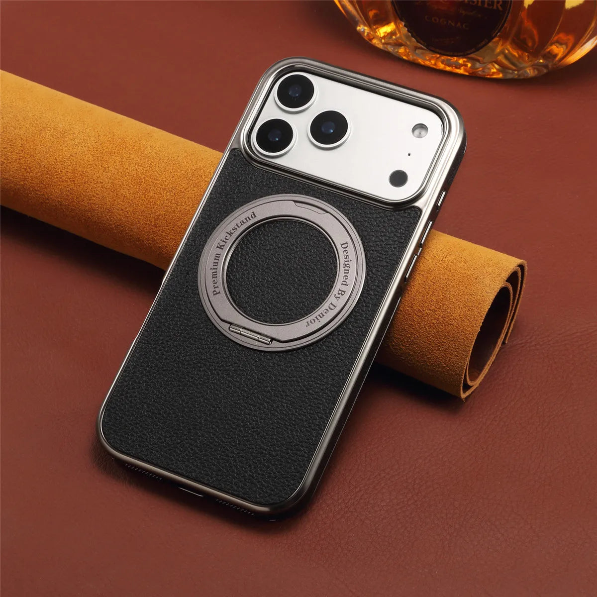 Anti-Fingerprint Lychee Leather MagSafe Case with Metal Ring for iPhone 17 Pro & iPhone 17 Pro Max