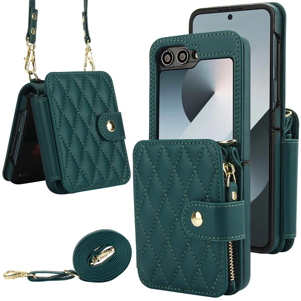Premium Leather Crossbody Case with Card Holder & Wrist Strap for Samsung Galaxy Z Flip 6
