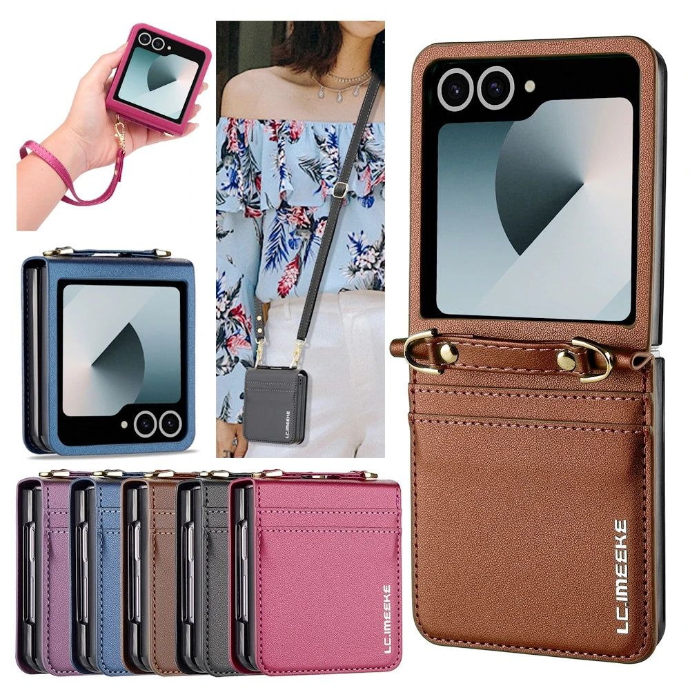 Crossbody Leather Phone Case with Card Slots & Lanyard for Samsung Galaxy Z Flip 6