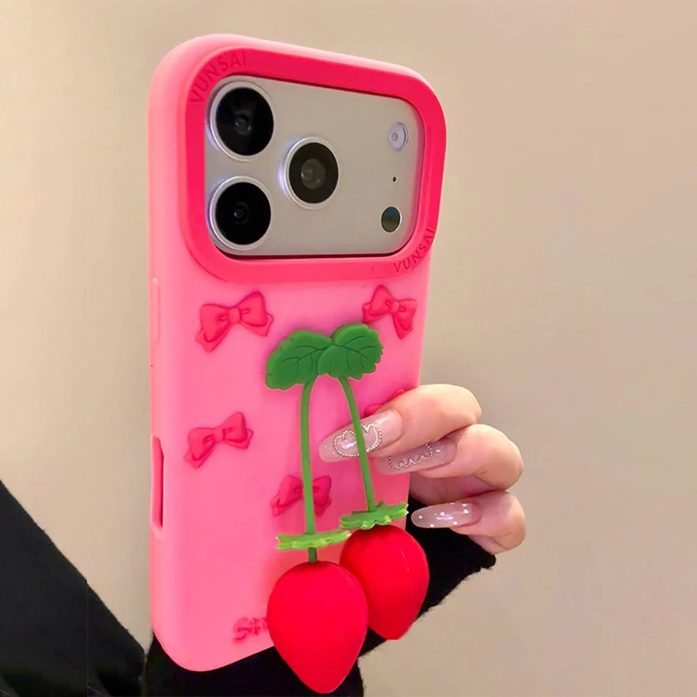 3D Strawberry Bow Silicone Case for iPhone 17 Series