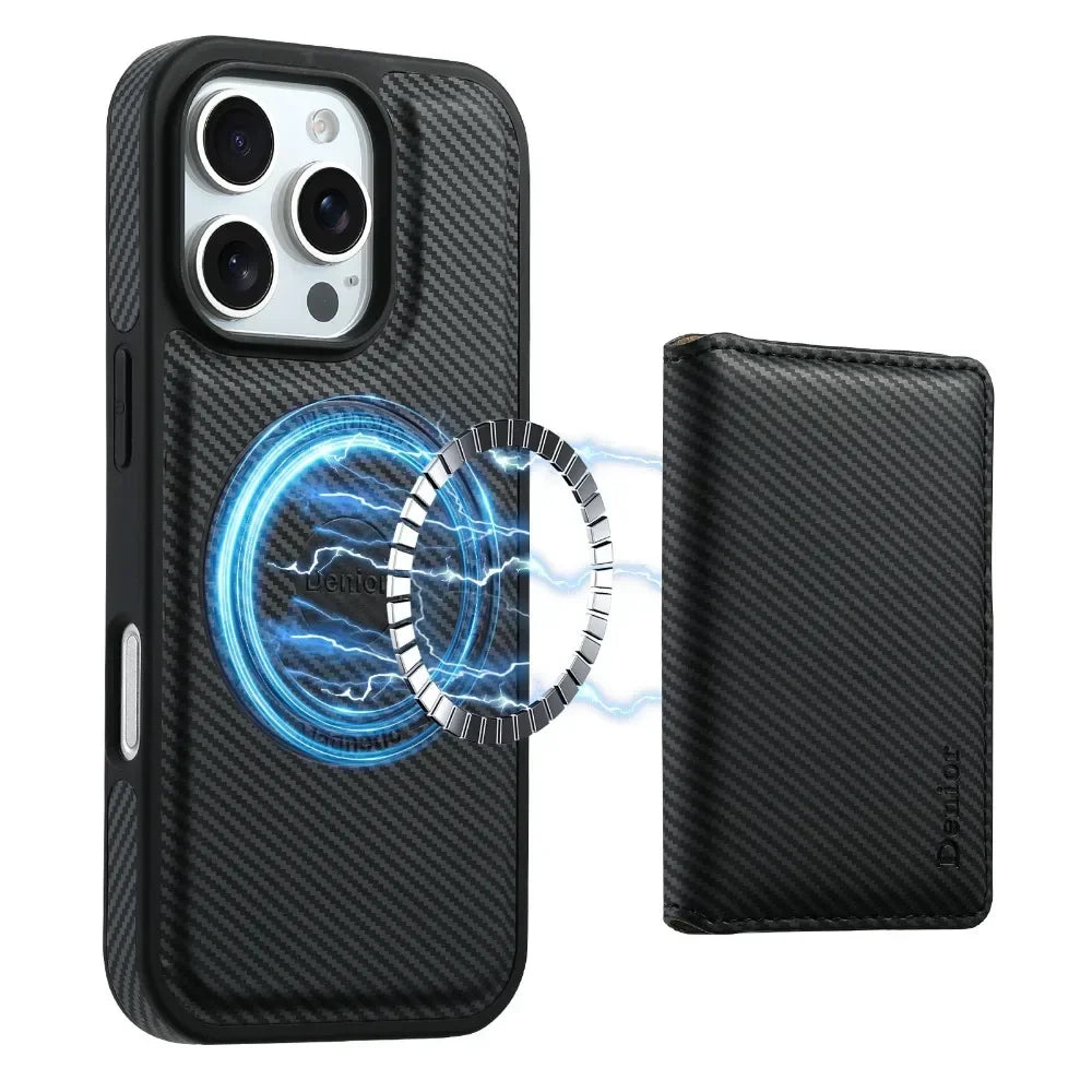 Detachable Carbon Fiber Pattern Wallet Case with Card Holder for iPhone 16 Series