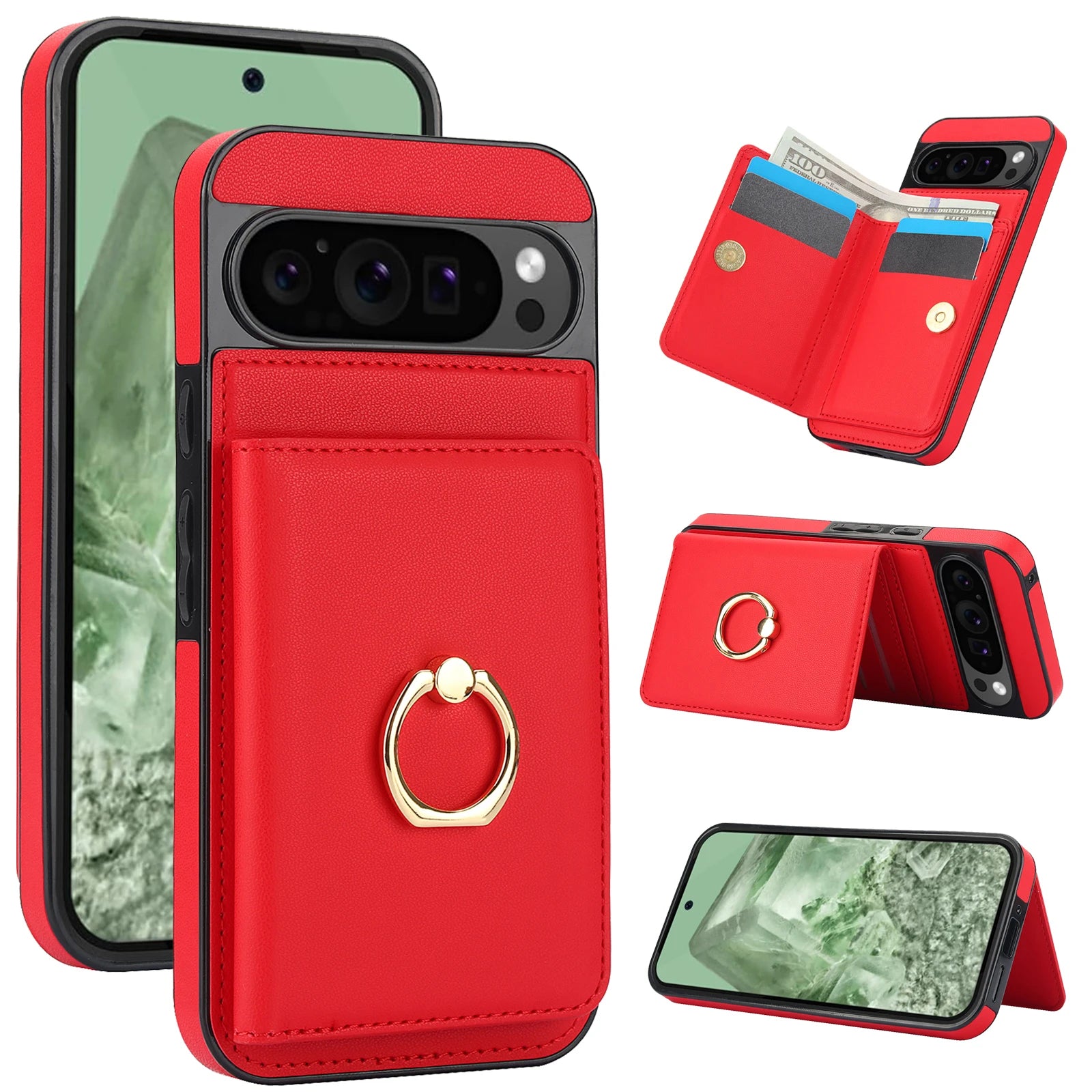 Google Pixel 10 Series Leather Case with Card Holder and Kickstand